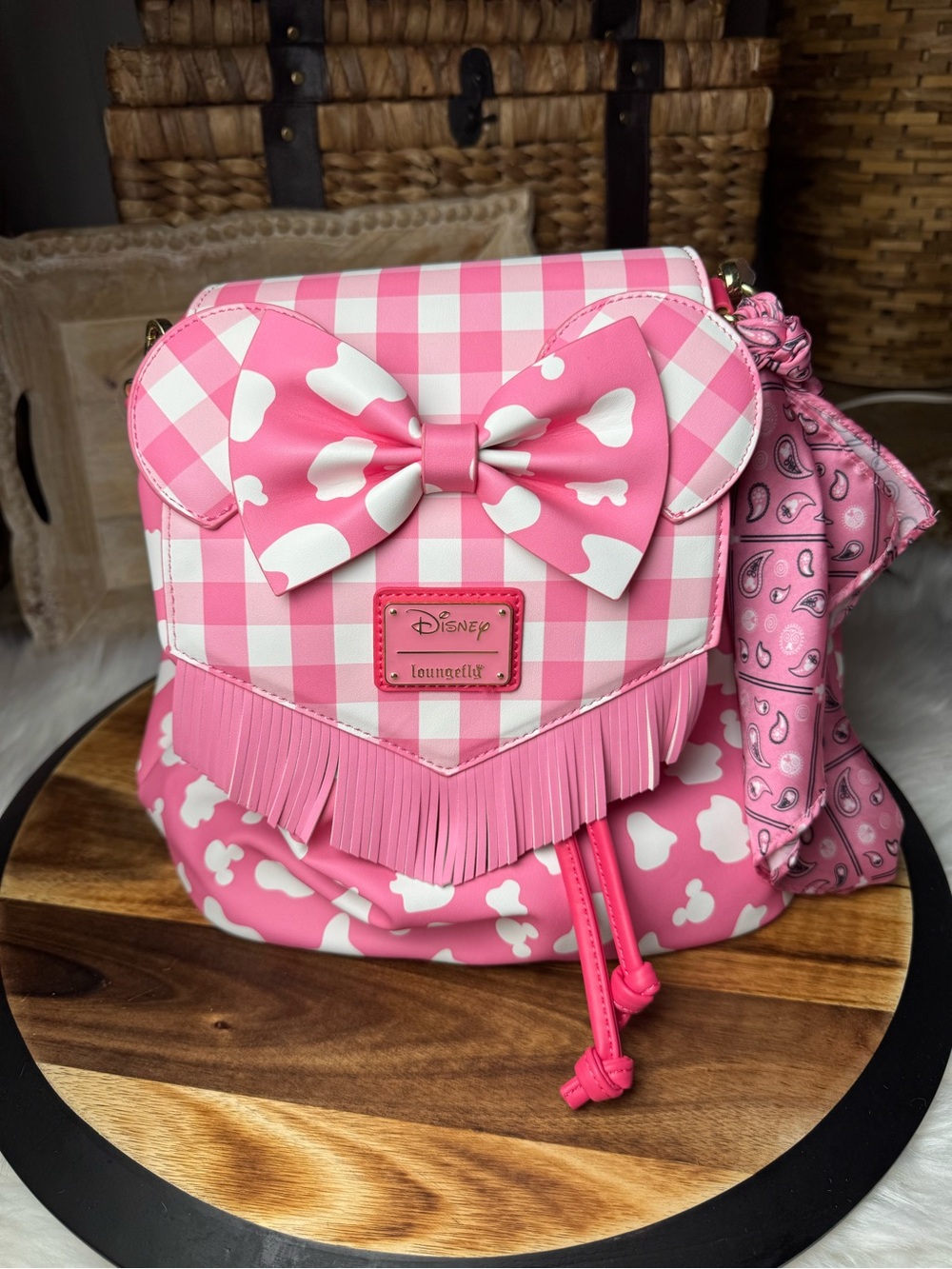 Disney Loungefly Pink & White Minnie country girl Bow Crossbody Backpack